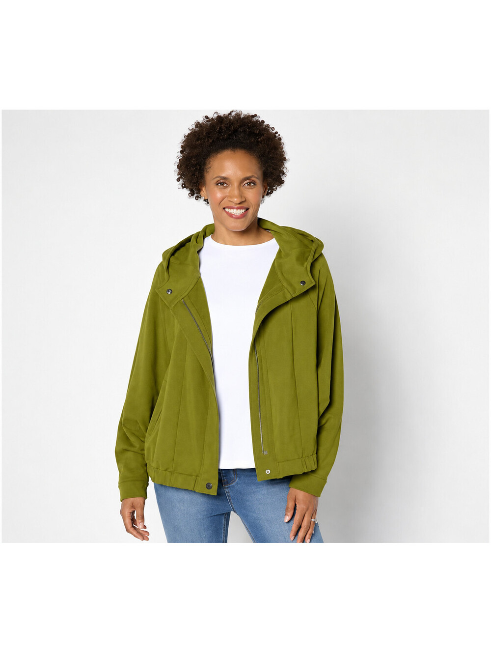Peace Love World French Terry Zip-Front Hooded Jacket Avocado, Size Large